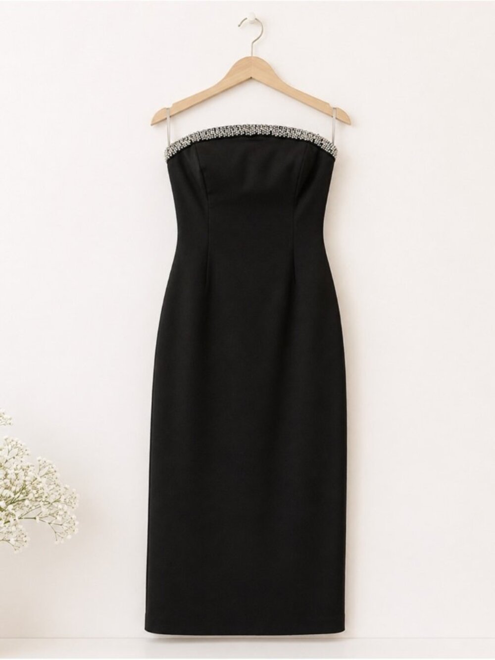 Mac Duggal Black Strapless Midi Dress with Embellished Trim